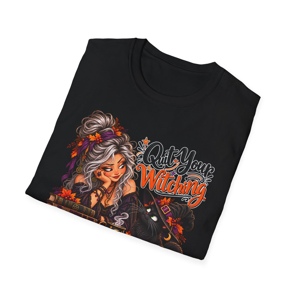 Quit Your Witching T-Shirt – Halloween Witch & Black Cat Pumpkin Tee