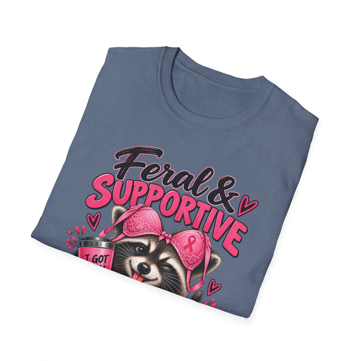 Feral & Supportive Raccoon Breast Cancer Awareness T-Shirt