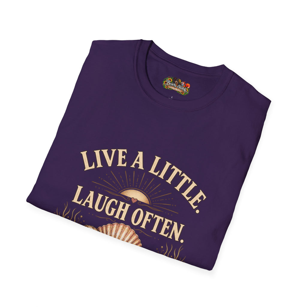 Live a Little Laugh Often Find More Shells T-Shirt – Beachy Seashell Retro Tee